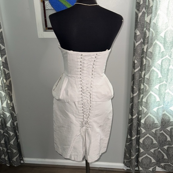 BCBG Strapless Lace Up Corset Peplum Mini Dress in Light Ash - Picture 7 of 13